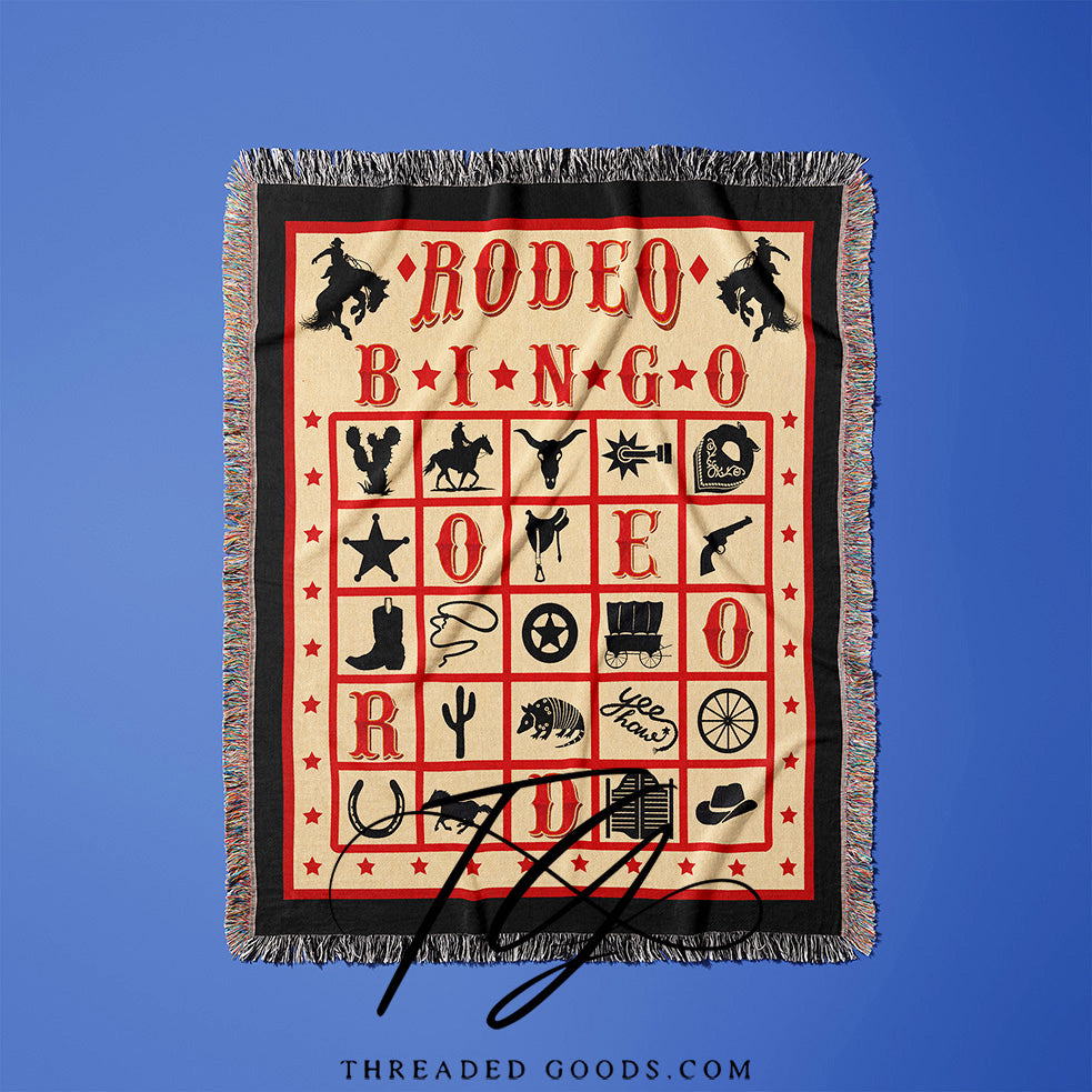 Rodeo Bingo Card Woven Art Throw Blanket Vintage Texas Southwest Cowboy Roping Western Bucking Bronco Player Gift