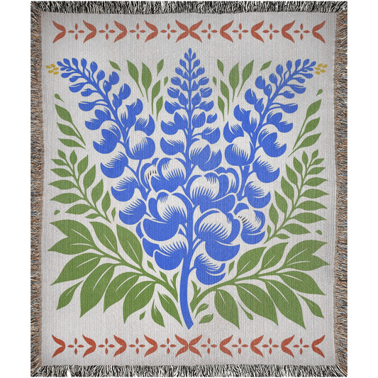 Folk Art Bluebonnet Flowers Blue 100% Cotton Woven Art Throw Blanket 50x60