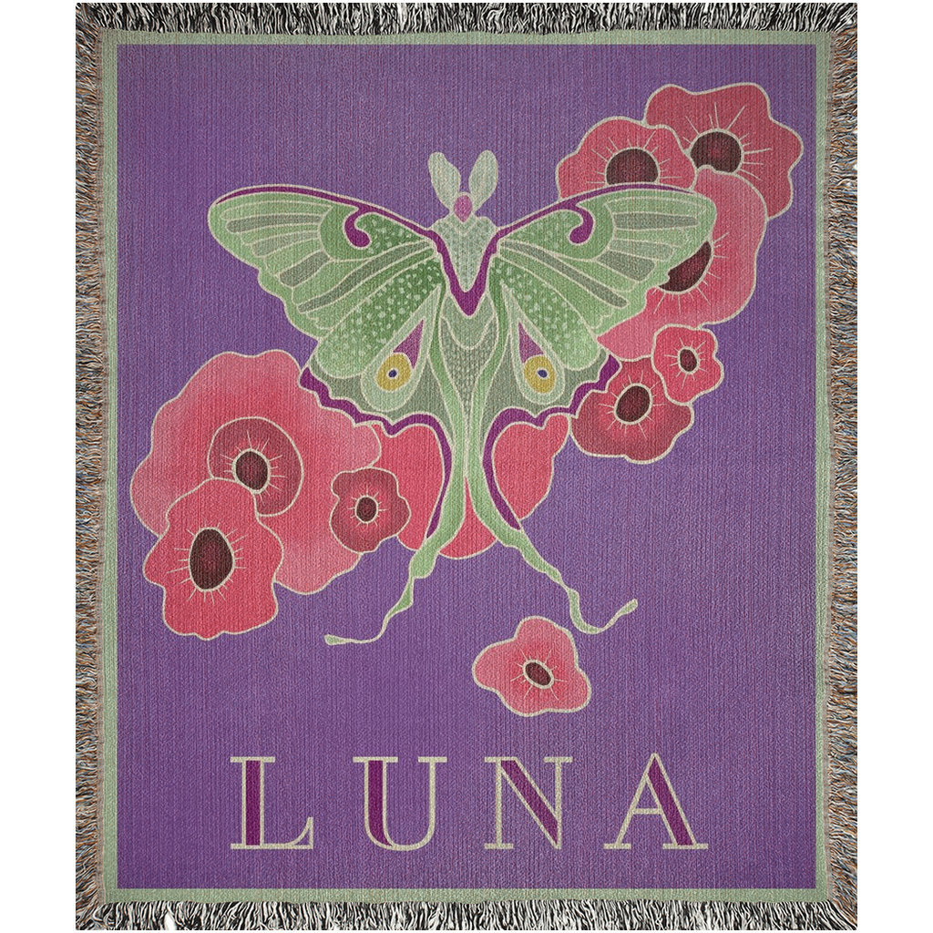 Luna Moth with Poppies on Purple Woven Art Blanket 50x60 100% Cotton