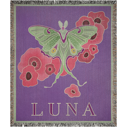 Luna Moth with Poppies on Purple Woven Art Blanket 50x60 100% Cotton