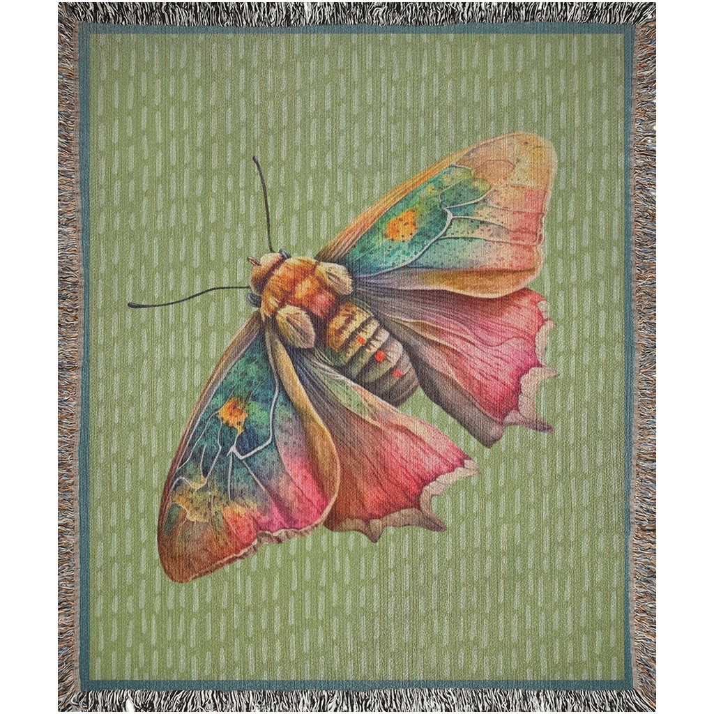 Meadow Moth on Green 100% Cotton Woven Art Throw Blanket 50x60