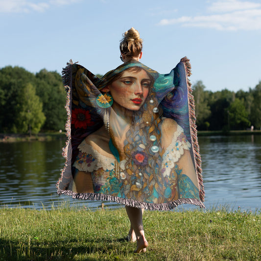 Woman wearing a blanket with a bohemian woman image