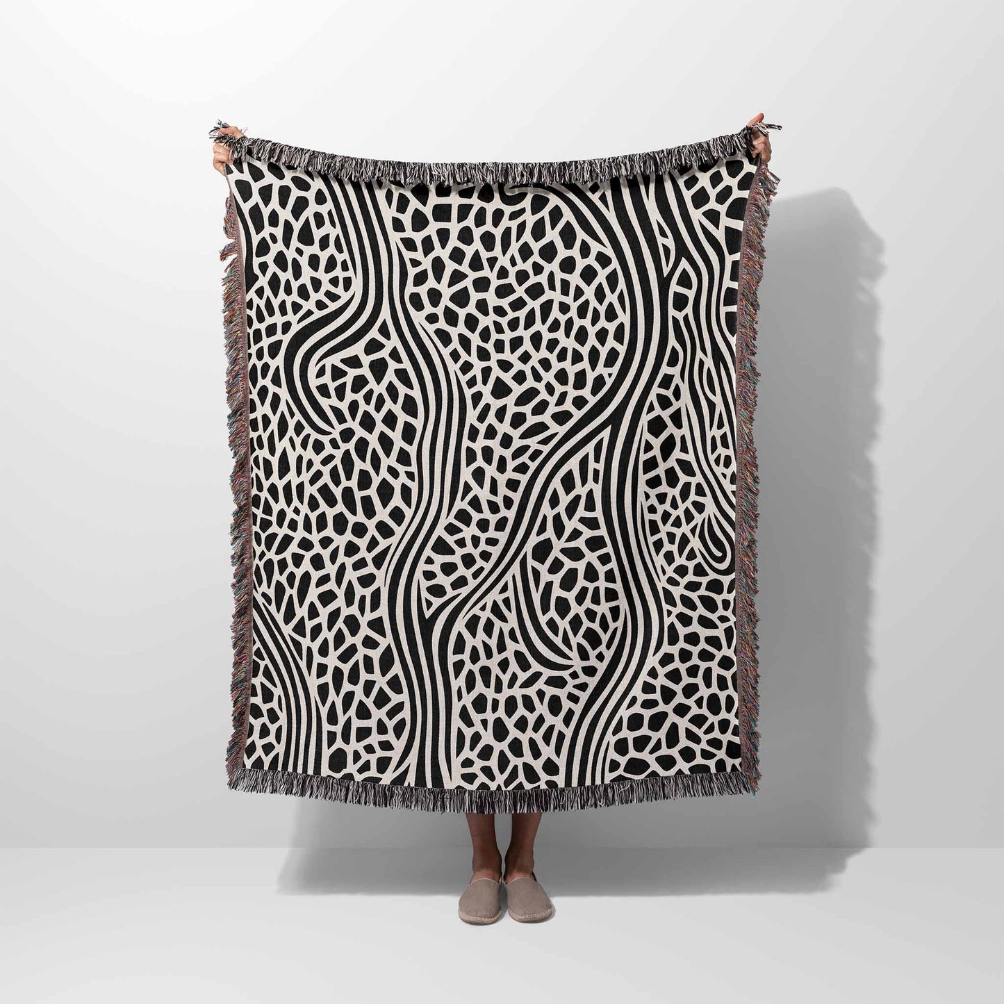 Deep Roots Modern Abstract Maximalist Woven Art Throw Blanket Tapestry Black White