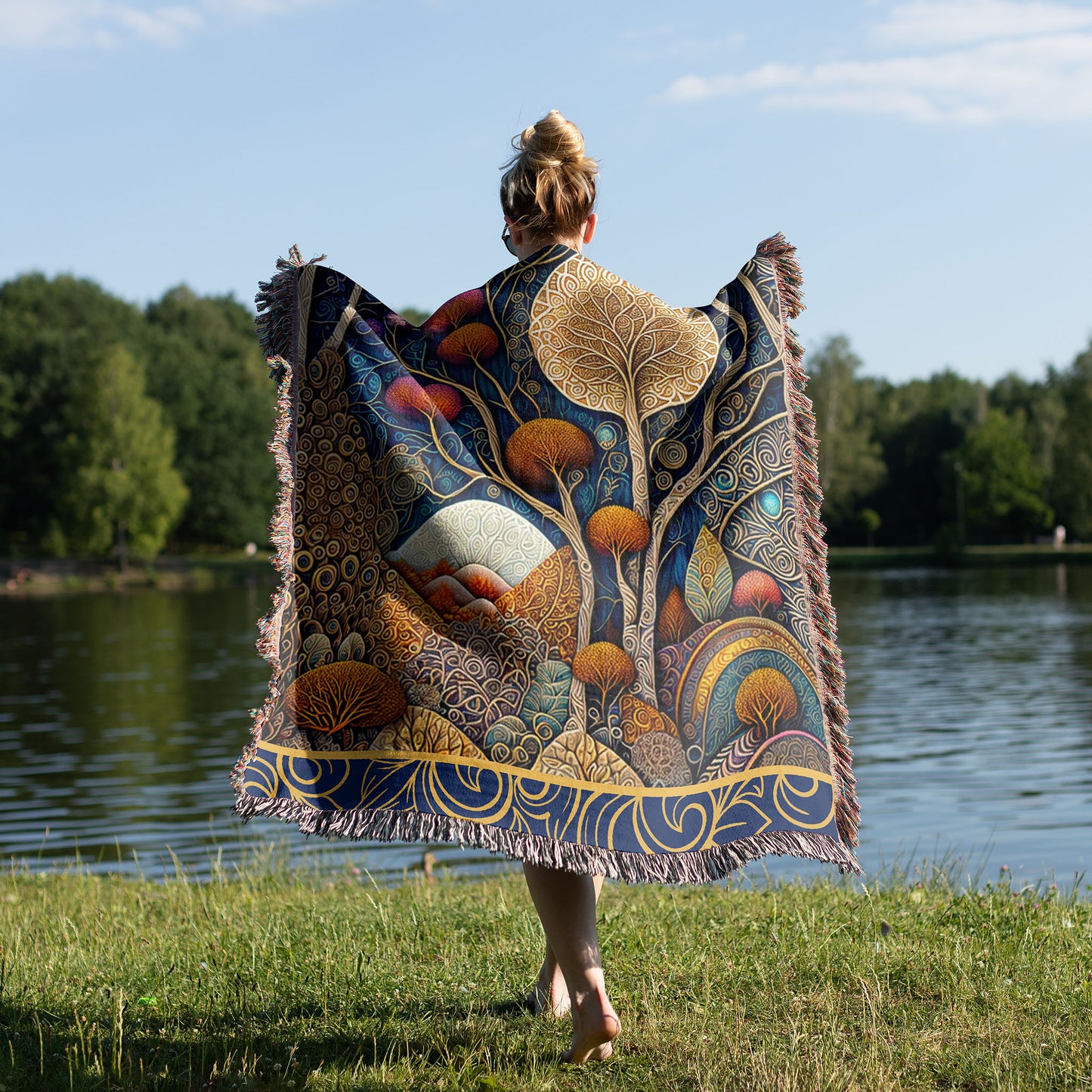 Woman wearing a woven blanket 