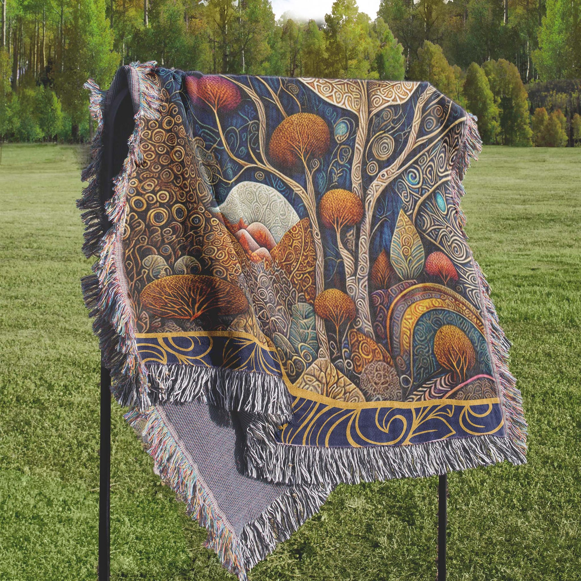 Woven blanket draped over a stand