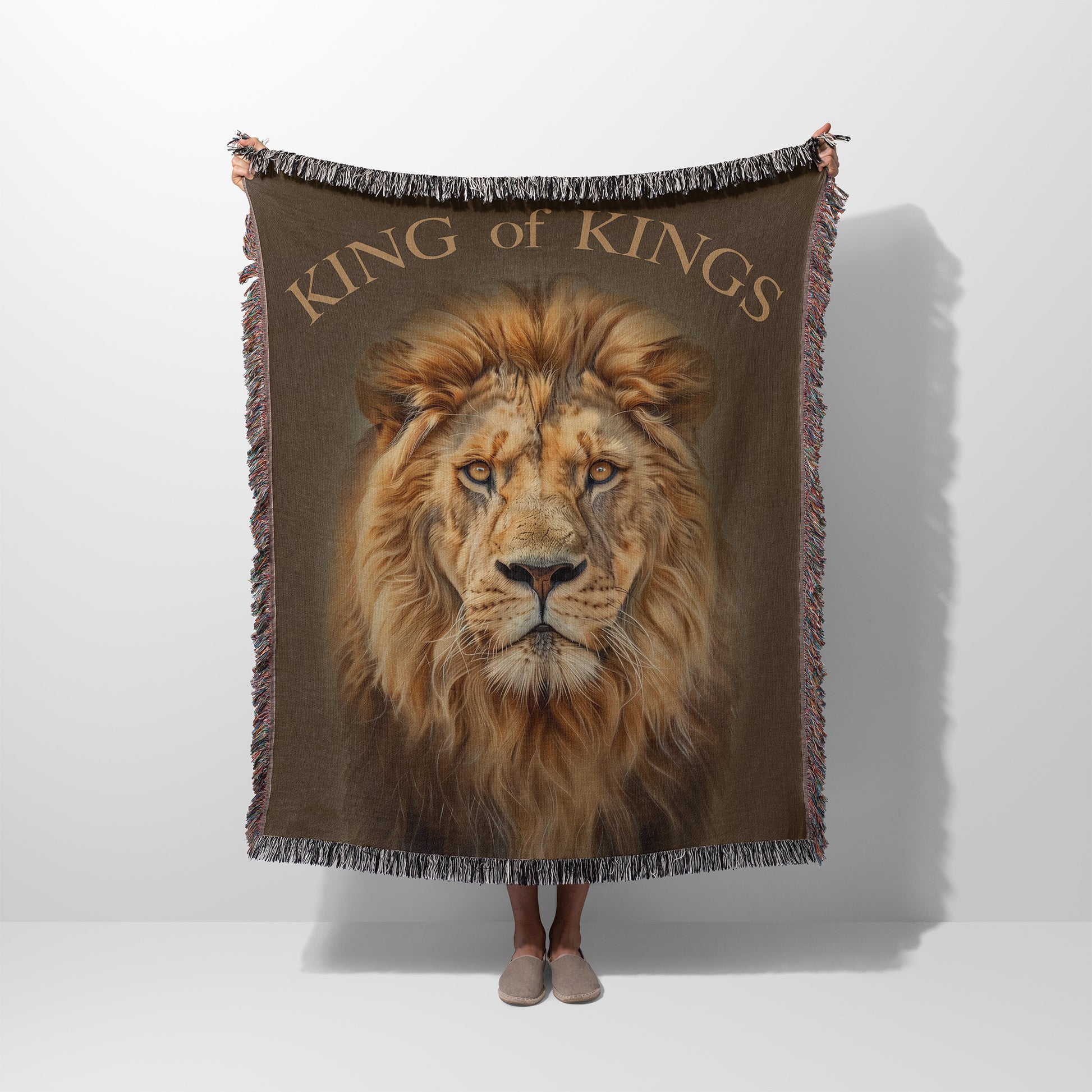 woven blanket with a lion graphic