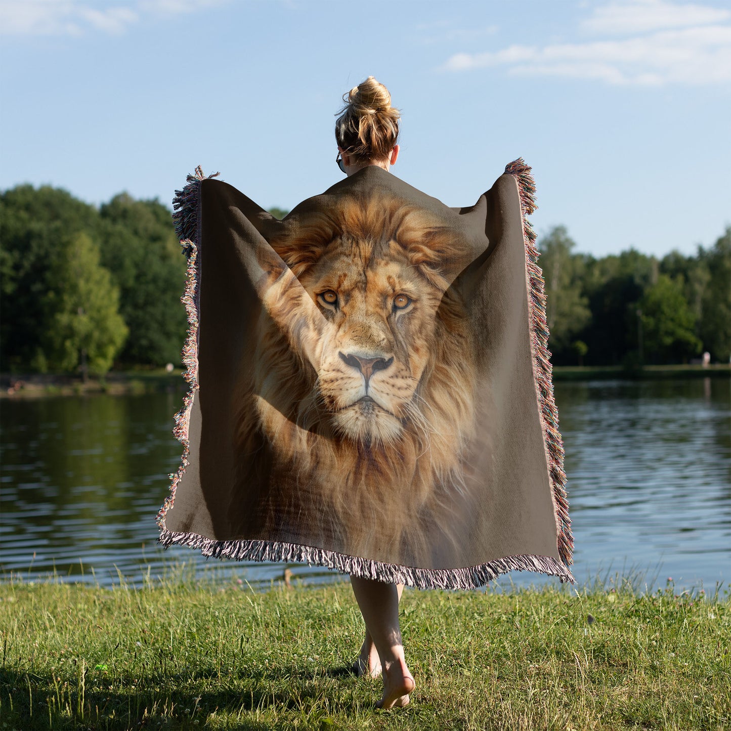 Woman with a woven blanket over her shoulders