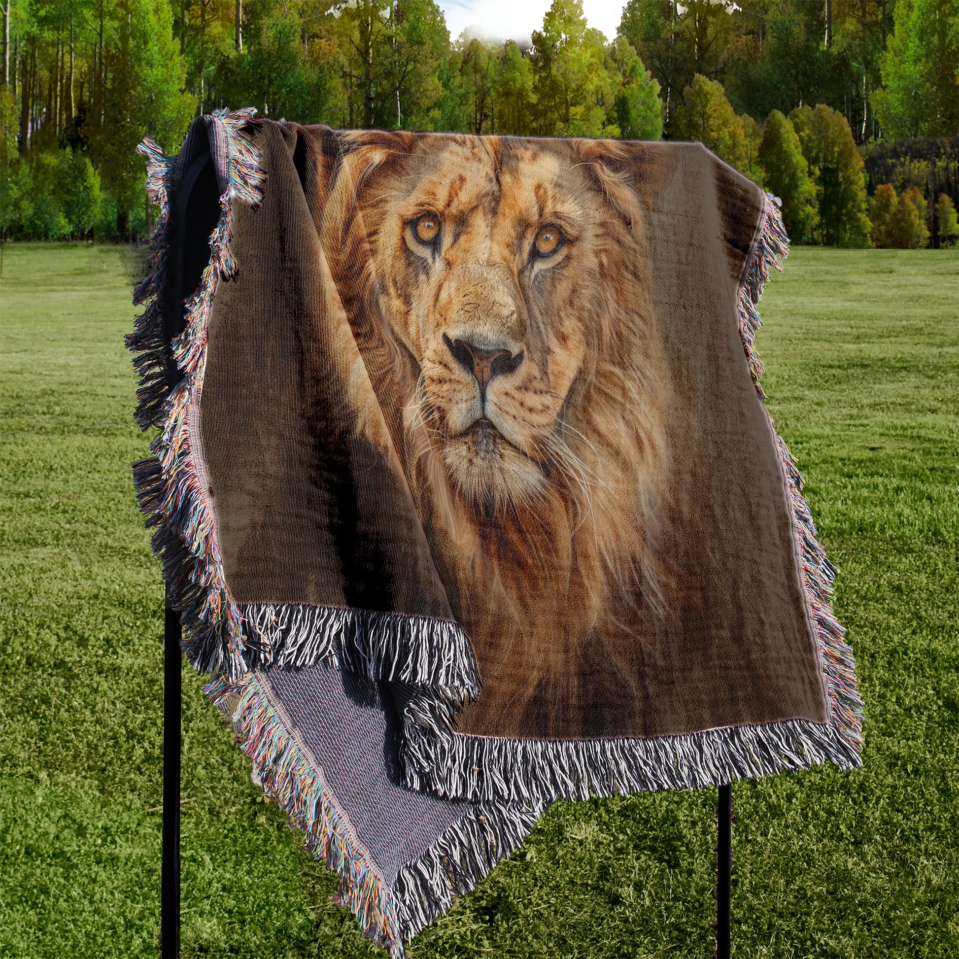 Woven blanket with a lion draped over a stand