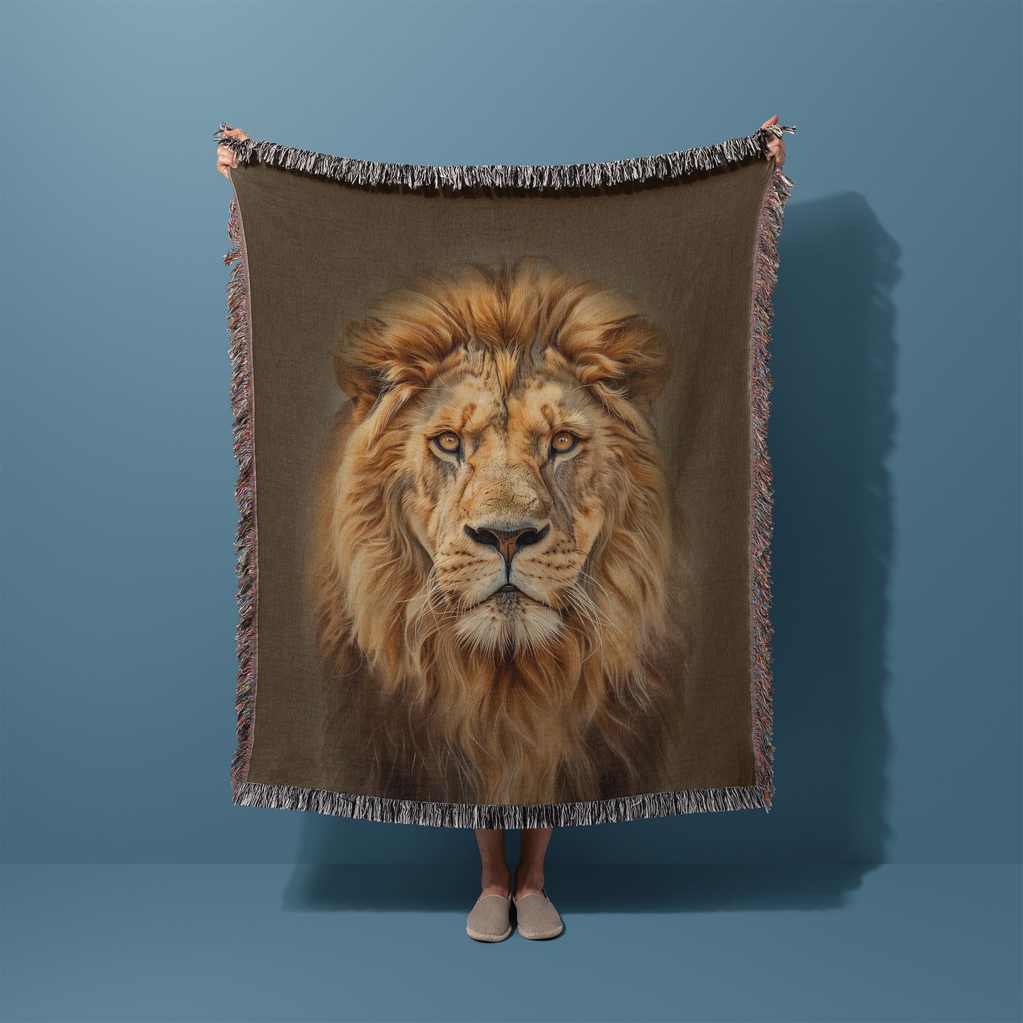 Lion design on a woven blanket 