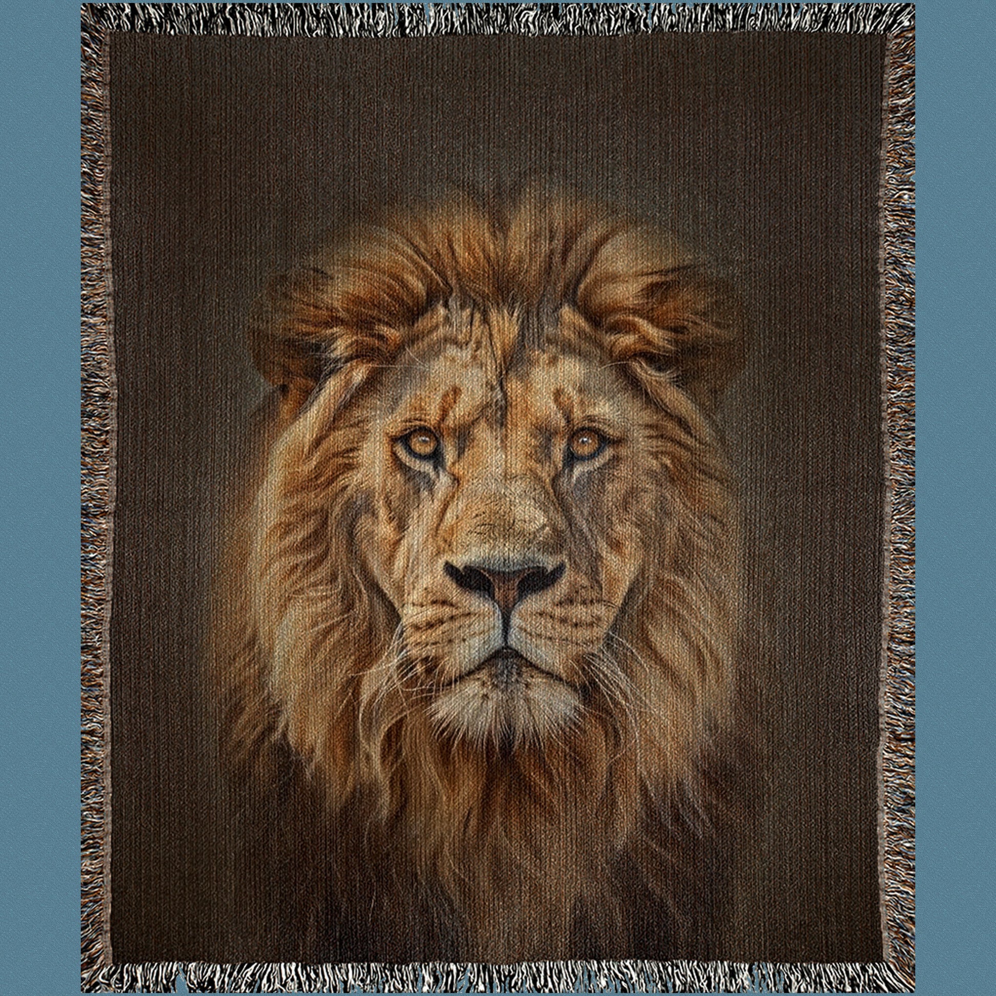 Woven blanket with a lion design