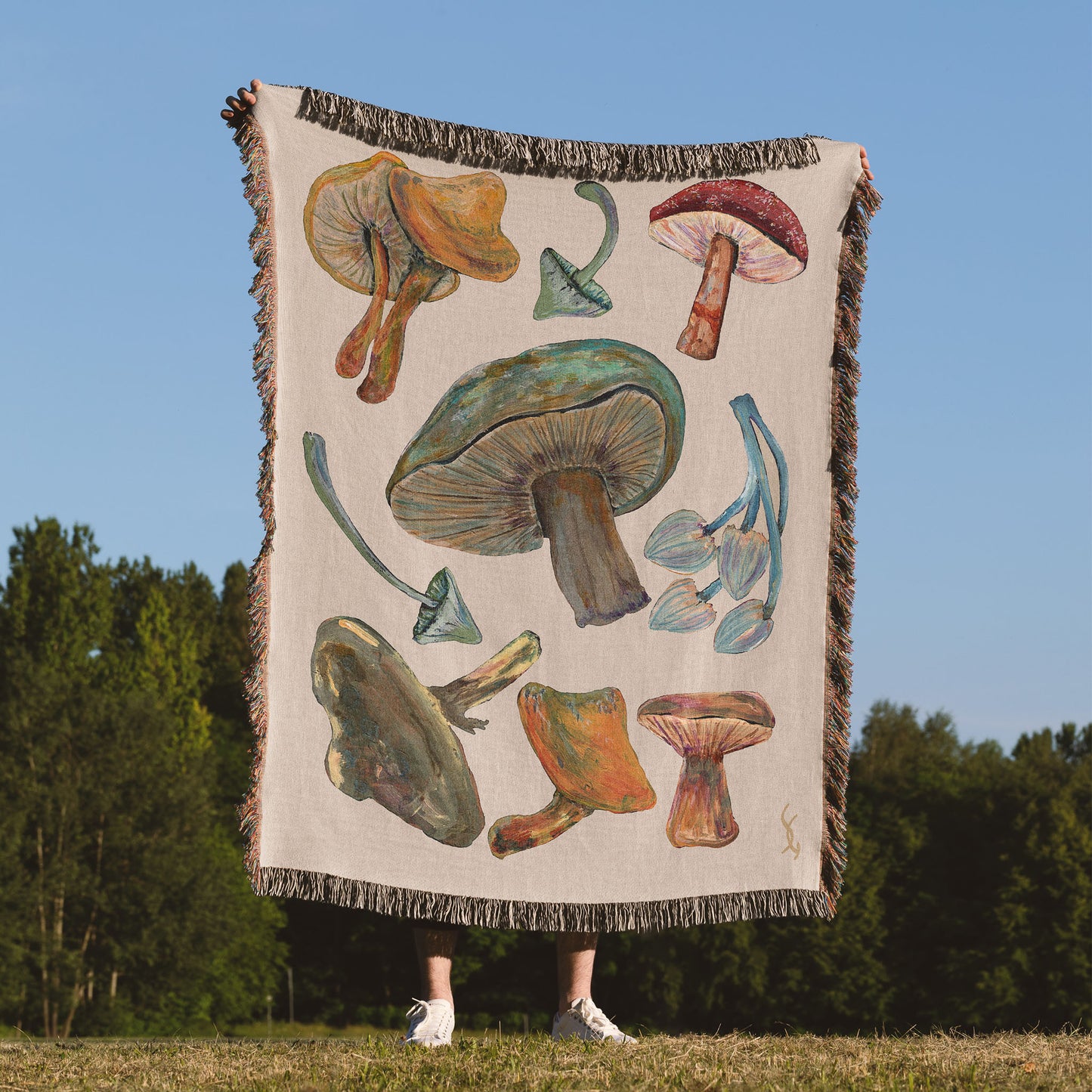 Shrooms Set 1 on Taupe 100% Cotton Woven Art Throw Blanket 50 x 60