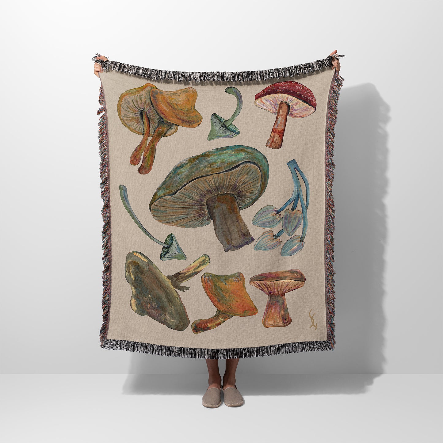 Shrooms Set 1 on Taupe 100% Cotton Woven Art Throw Blanket 50 x 60