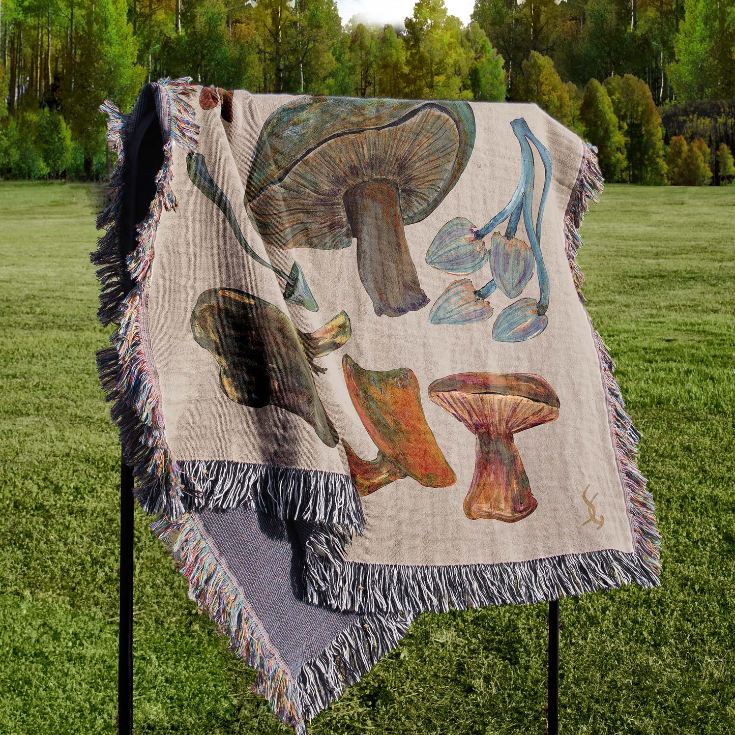 Shrooms Set 1 on Taupe 100% Cotton Woven Art Throw Blanket 50 x 60