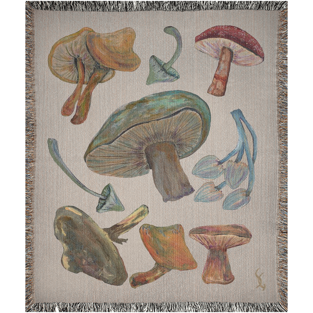 Shrooms Set 1 on Taupe 100% Cotton Woven Art Throw Blanket 50 x 60