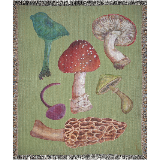 Shrooms Set 2 on Green 100% Cotton Woven Art Throw Blanket 50 x60